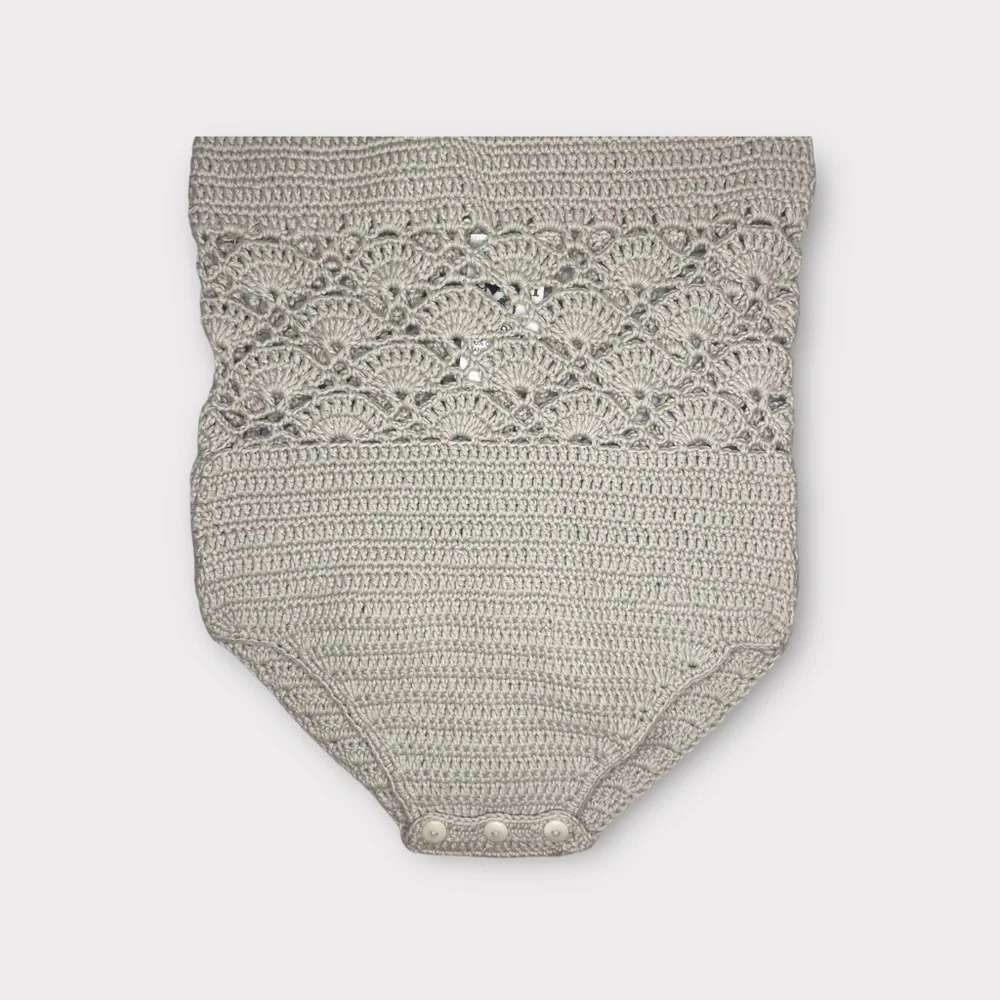 Kate Quinn Organic Tan Crochet Knit Halter Romper - Picture 2 of 5